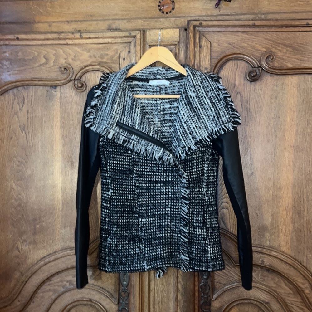 Vince Leather Sleeve Drape Front Moto Jacket Size XS - Picture 5 of 14
